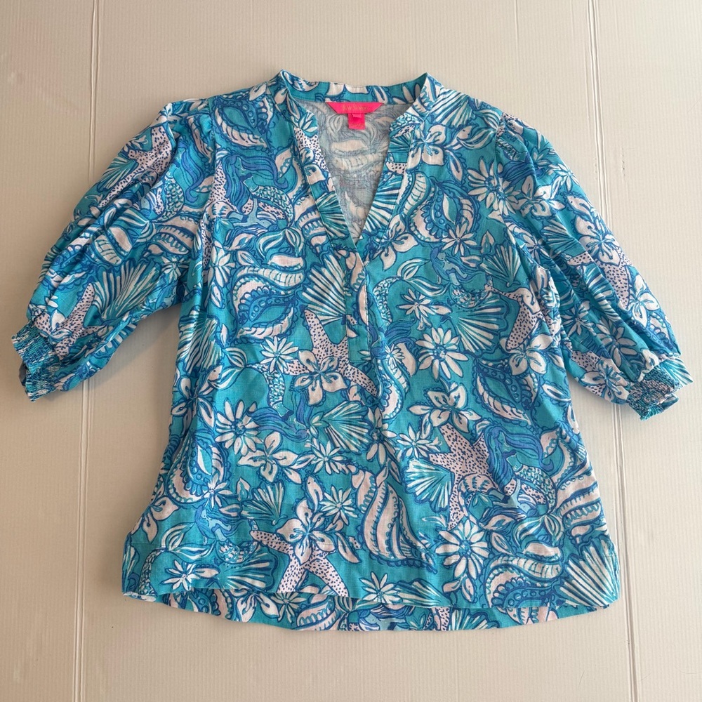 Lilly Pulitzer Teal and White Sea Theme Blouse